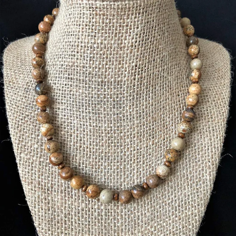 vintage-inspired necklace for women -Brown Picture Jasper Mens Beaded Necklace