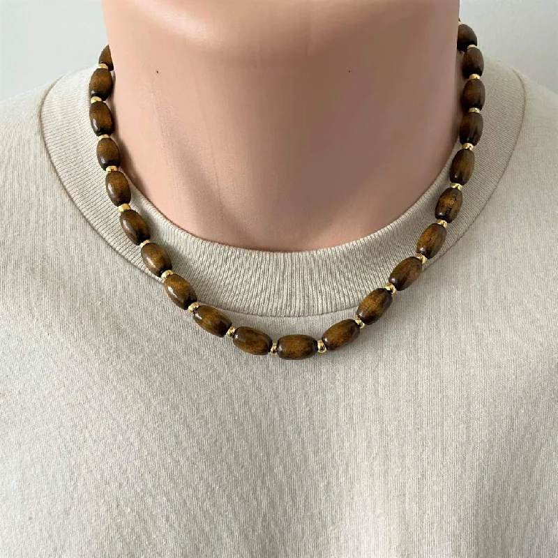 men’s leather necklace with pendant -Brown Wood Barrel and Gold Beaded Mens Necklace