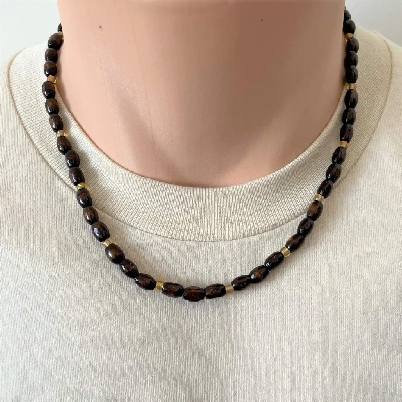 custom birthstone necklace for women -Brown Wood Barrel Beaded Mens Necklace