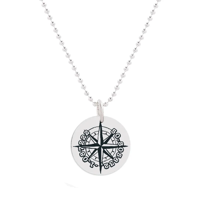 vintage-inspired necklace for women -Compass Co-Ordinates Lat-Long 20mm Silver Disc Necklace