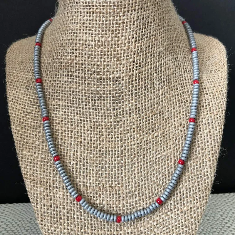 unique necklace for men -Concrete Gray Hematite Matte and Red Beaded Mens Necklace