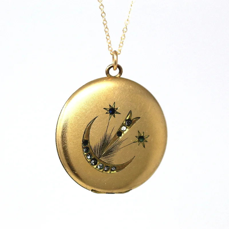 pendant necklace for everyday wear -Crescent Moon Locket - Antique Gold Filled Rhinestones Pendant Necklace Charm - Edwardian Circa 1900s Era Celestial Shooting Stars Jewelry