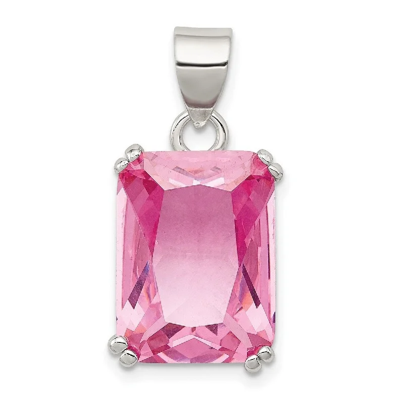 luxury necklace for special occasions -Curata 925 Sterling Silver Polished Open back Cut out sides Rectangle Pink CZ Cubic Zirconia Simulated Diamond Pendant Necklace