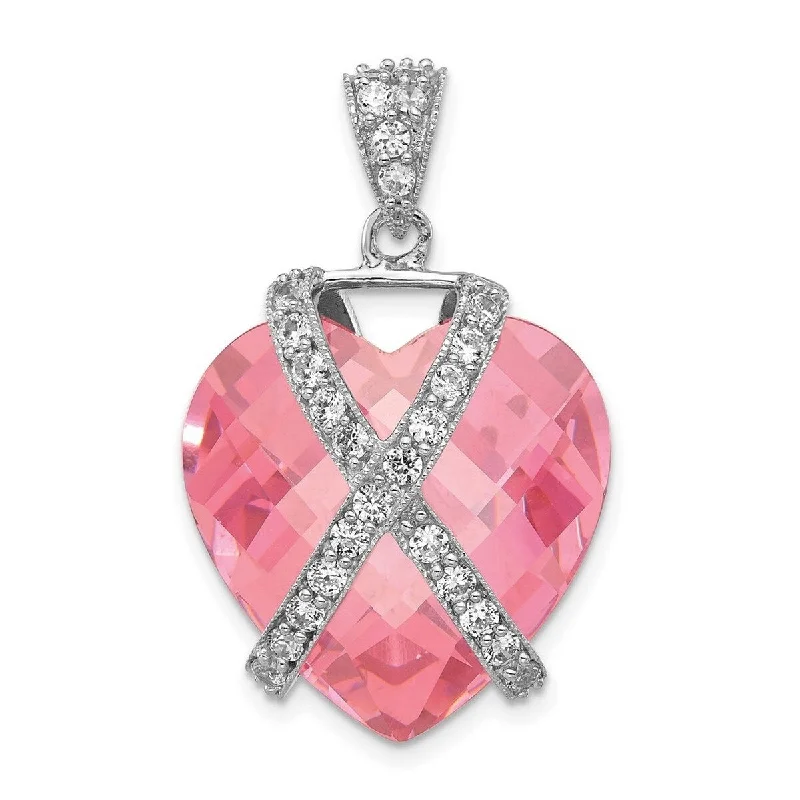 crystal pendant necklace -Curata 925 Sterling Silver Polished Pink CZ Cubic Zirconia Simulated Diamond Pendant Necklace Jewelry Gifts for Women