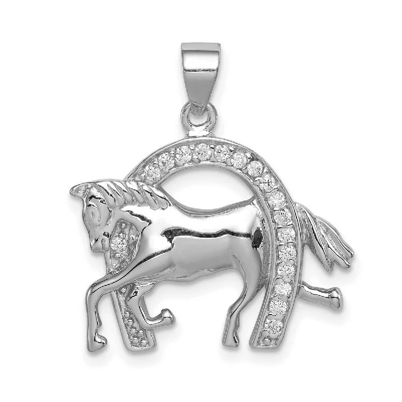 casual necklace for men -Curata 925 Sterling Silver Solid Polished Open back Rhodium plated Horse and Horseshoe CZ Cubic Zirconia Simulated Diamond Penda