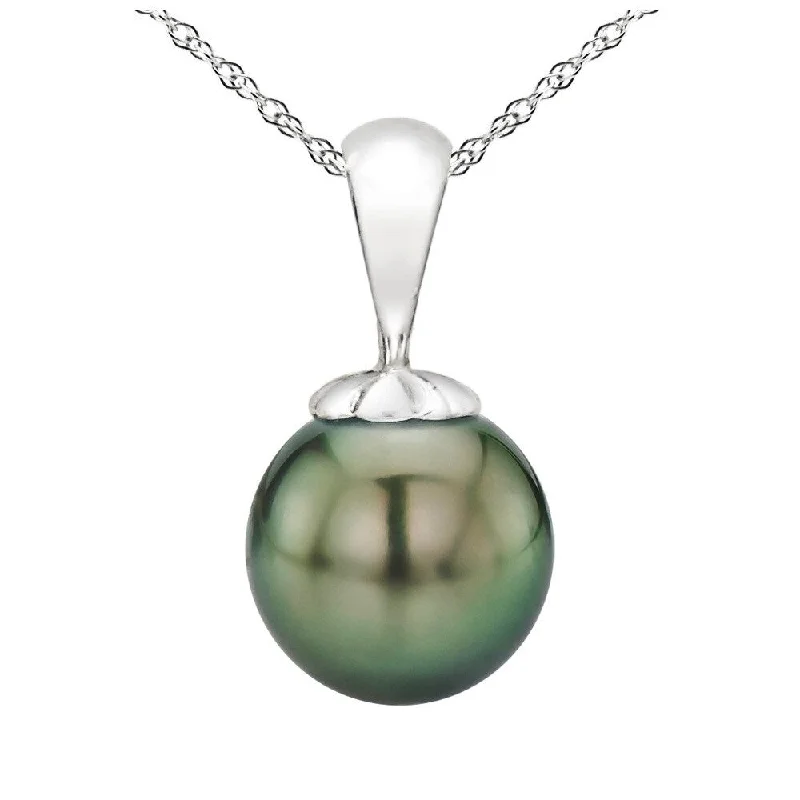 fashion statement necklace -DaVonna 14k White Gold 10-10.5mm Round Black Tahitian High Luster Pearl Pendant Necklace, 18"