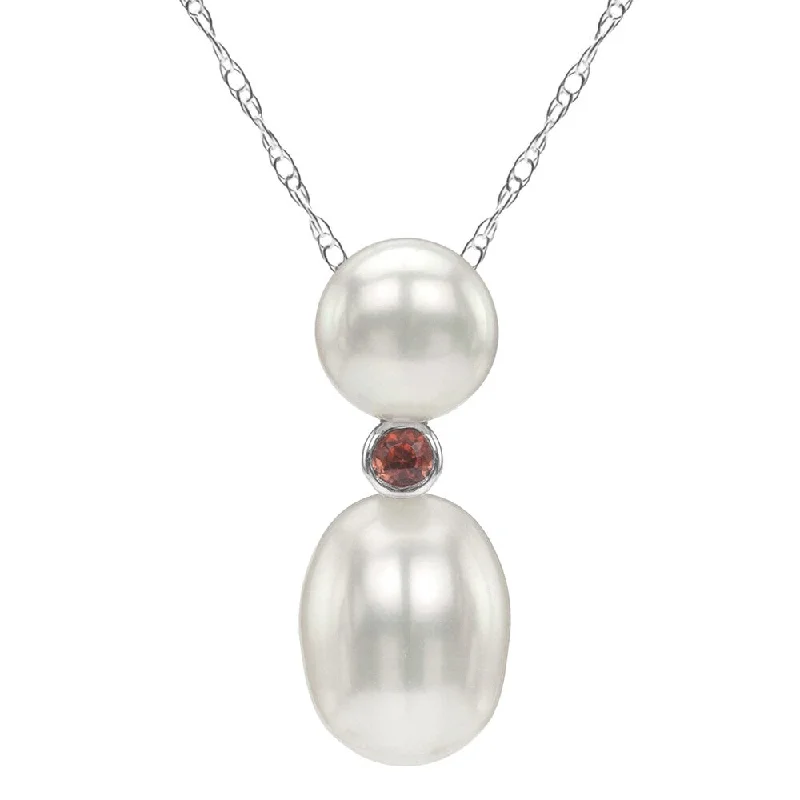 sterling silver heart pendant for women -DaVonna 14k White Gold 7-9 mm White Freshwater Pearl and Garnet Necklace