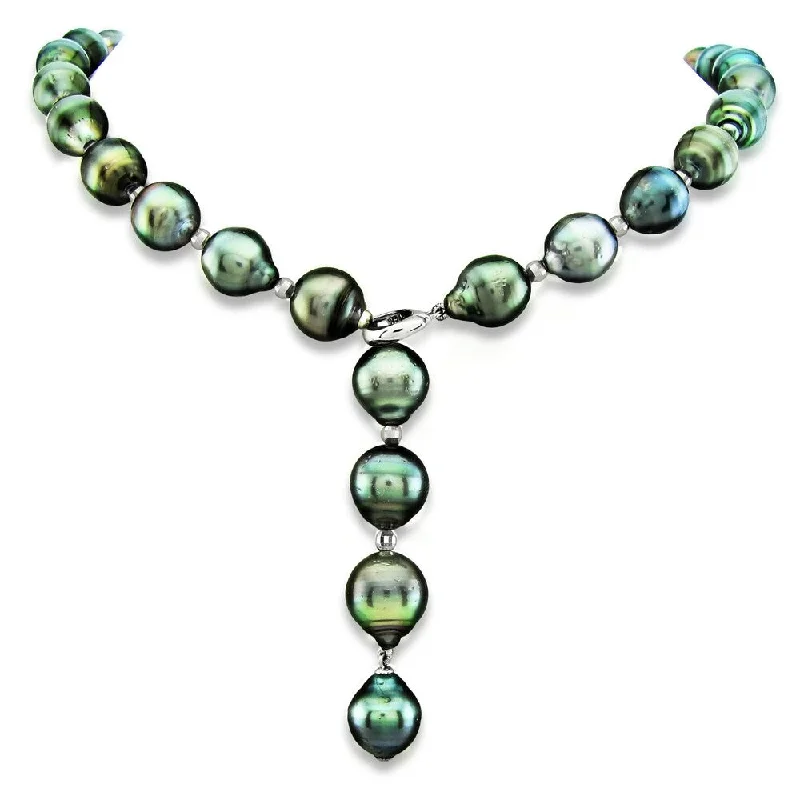 sterling silver necklace for men -DaVonna 14k White Gold Black Tahitian Pearl and Beads Lariat Necklace