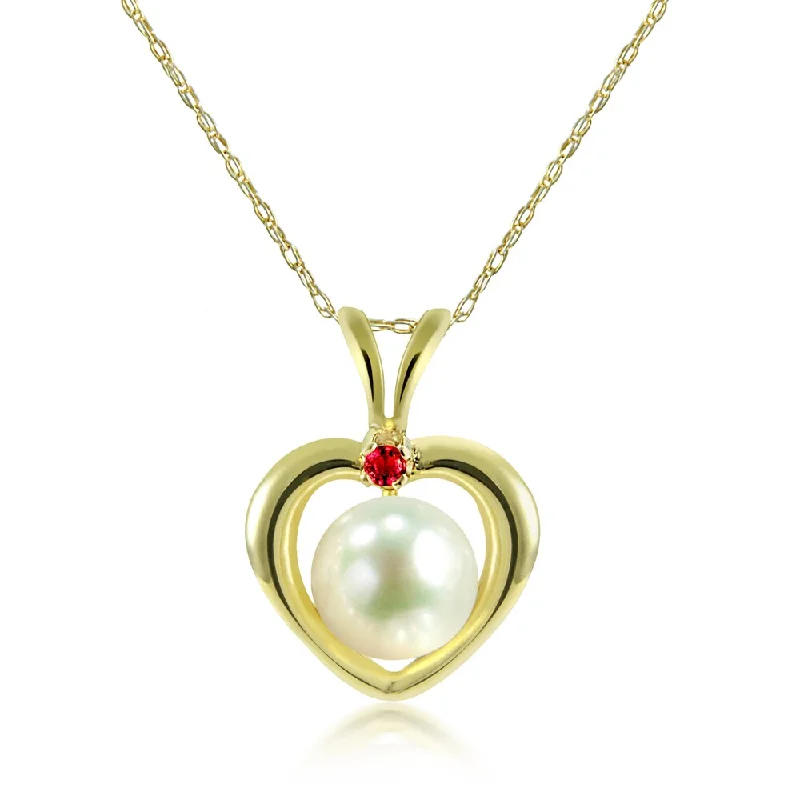 luxury necklace for special occasions -DaVonna 14k Yellow Gold Heart Shape with 1/10ct Red Ruby Round White Freshwater Pearl Pendant Necklace 18-inch (5-5.5 mm)