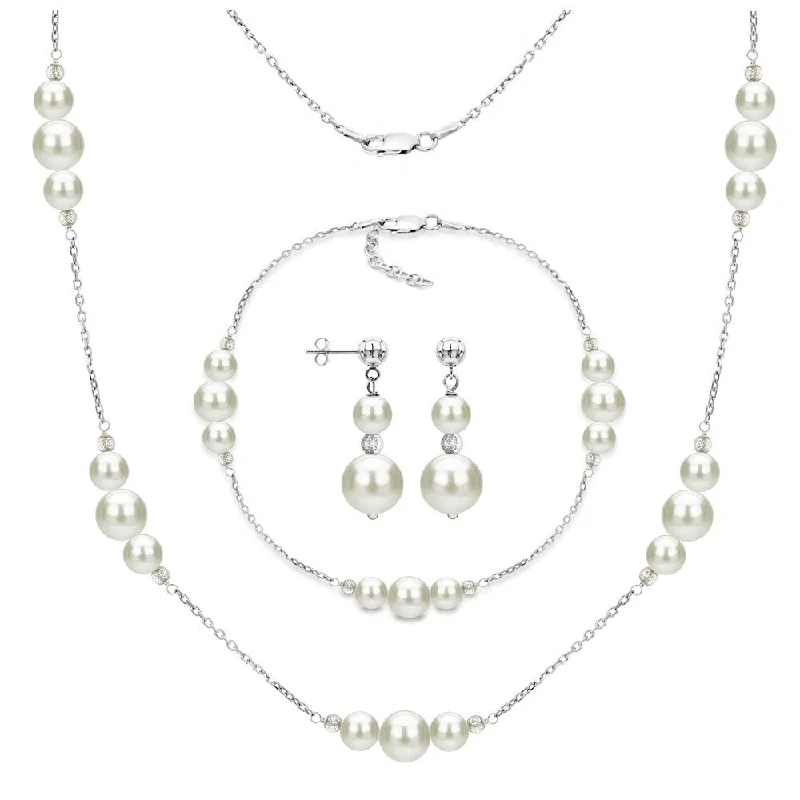 gold necklace for women -DaVonna 3-piece Sterling Silver Freshwater Pearl Necklace Bracelet and Earring Jewelry Set