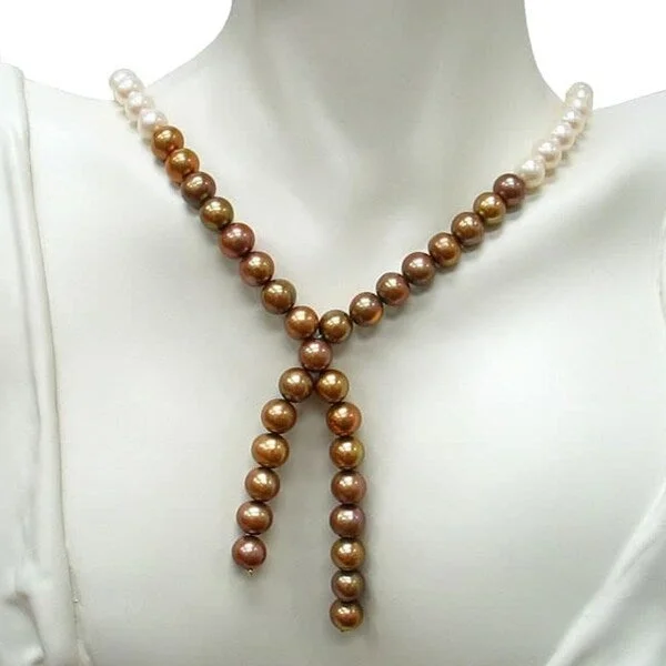 double chain necklace for men -DaVonna Freshwater White and Brown Pearl Necklace (9-10 mm)