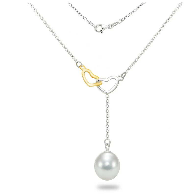 birthstone necklace for women -DaVonna Sterling Silver Chain Necklace with Two-tone Linking Open Heart Charms and 8-9mm Long Shape White Freshwater Pearl