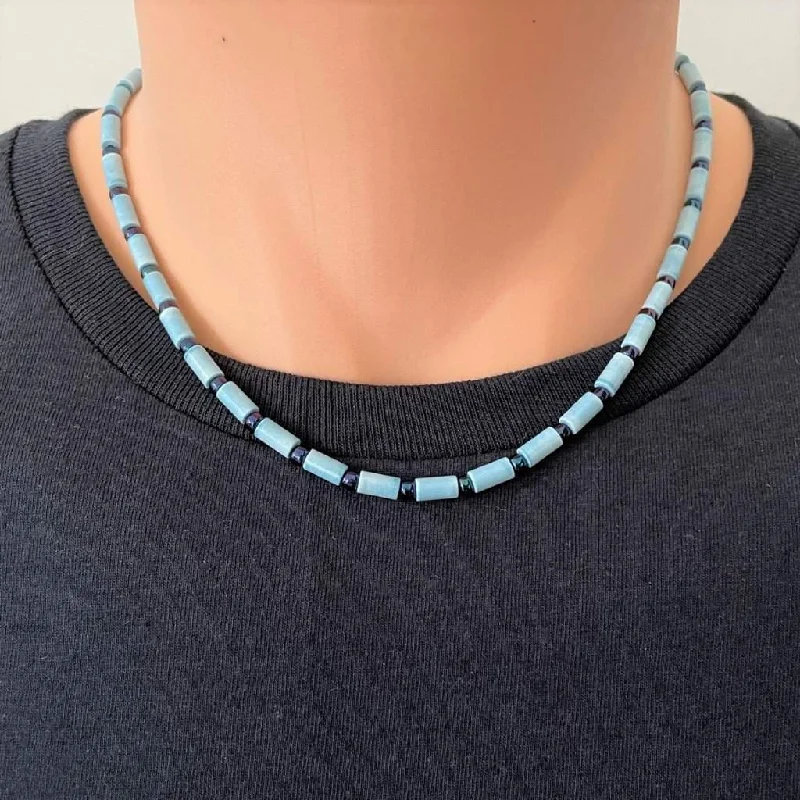 long pendant necklace for women -Denim Blue Agate Tube and Metallic Blue Toho Beaded Mens Necklace