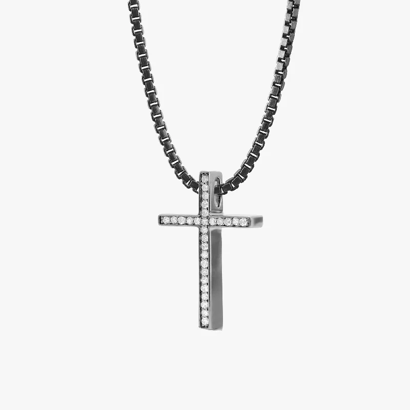 vintage silver necklace for men -Diamond Cross Necklace In Black Rhodium Plated Silver