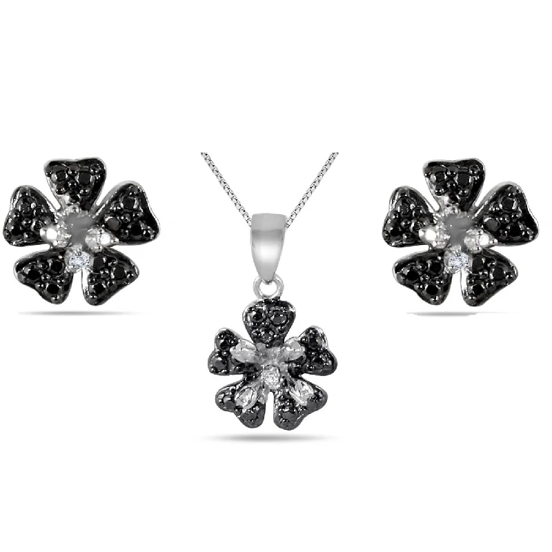 pearl and diamond necklace for women -Diamond Flower Pendant and Earring Set in .925 Sterling Silver