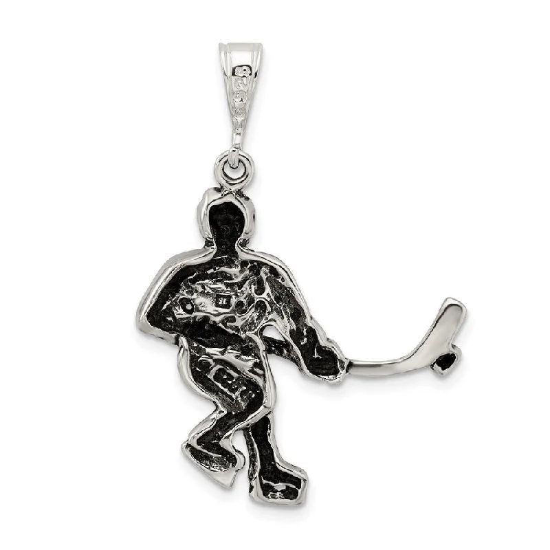 diamond pendant necklace -Diamond2Deal 925 Sterling Silver Antiqued Hockey Player Pendant (L- 37 mm, W- 28 mm)