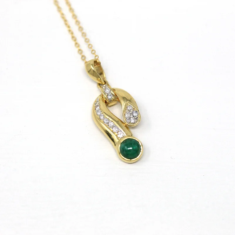 gold chain necklace for men -Emerald & Diamond Charm - Modern 18k Yellow Gold Pendant Necklace - Estate Circa 2000s Era Cabochon Cut .77 CT May Birthstone Fine Jewelry