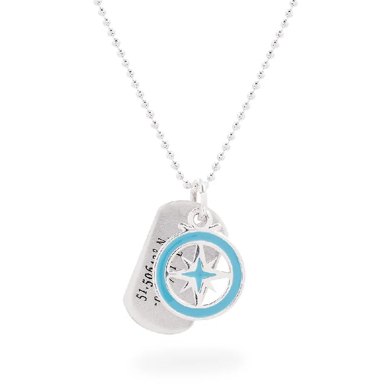 butterfly pendant necklace -Enamel Compass Coordinates Dog Tag Silver Necklace