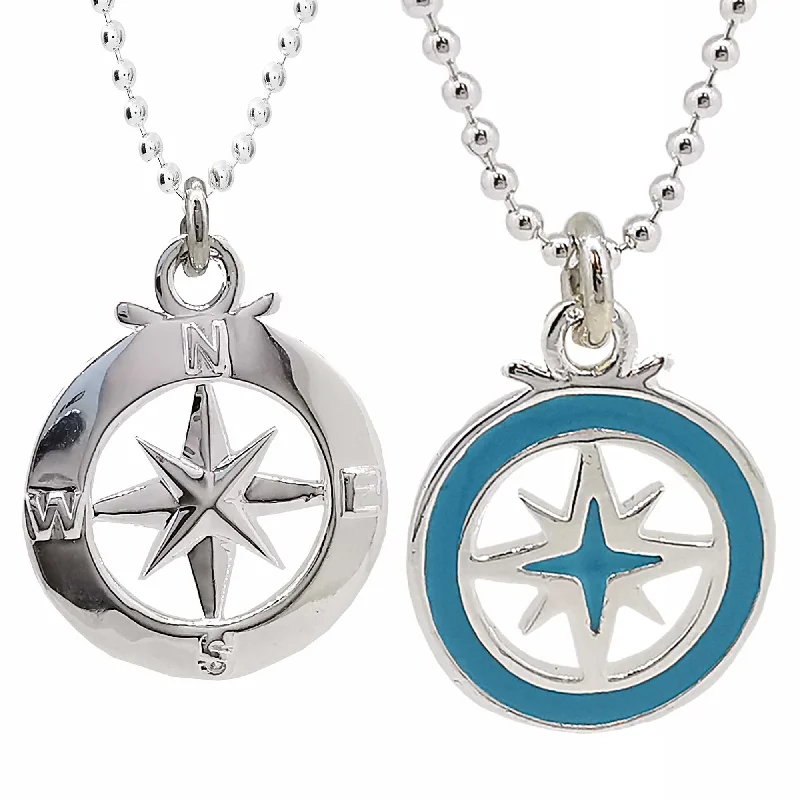 casual necklace for men -Enamel Outline Compass Large St Christopher Silver Necklace