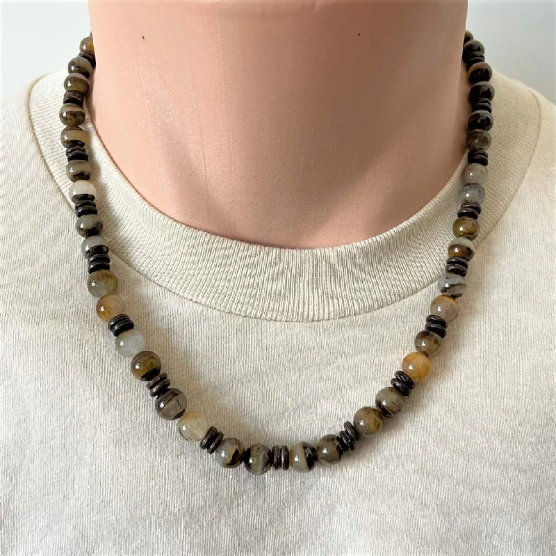 fashion statement necklace -Golden Wooden Jasper and Wood Mens Beaded Necklace