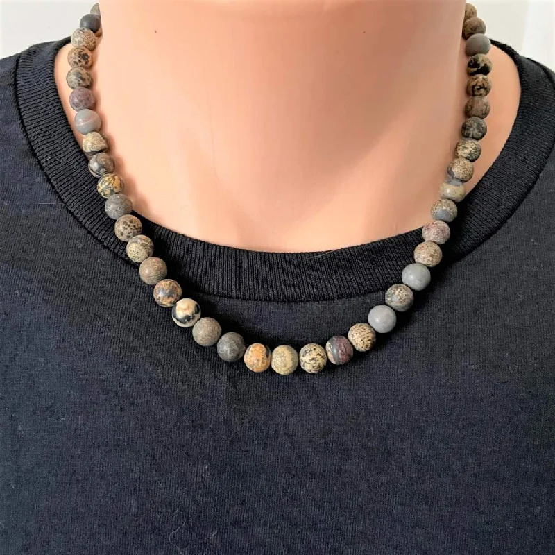 silver and gold necklace for layering -Matte Artistic Stone Mens Beaded Necklace