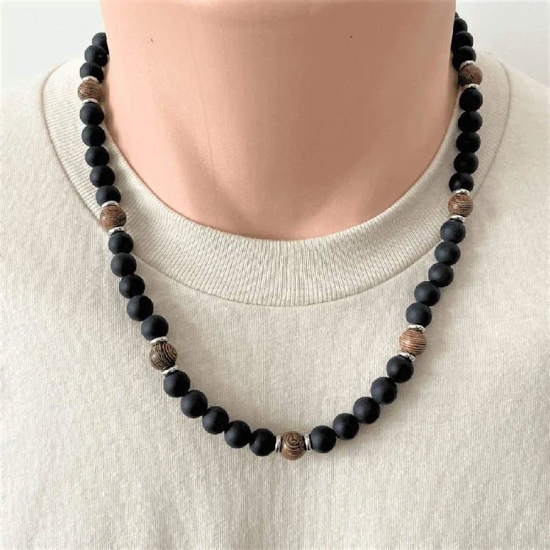 simple necklace for special occasions -Matte Black Onyx and Brown Wood Mens Beaded Necklace