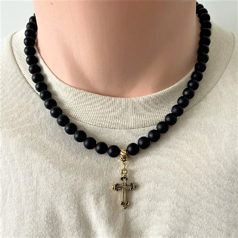 infinity symbol necklace for couples -Matte Black Onyx Mens Beaded Necklace with Gold Cross