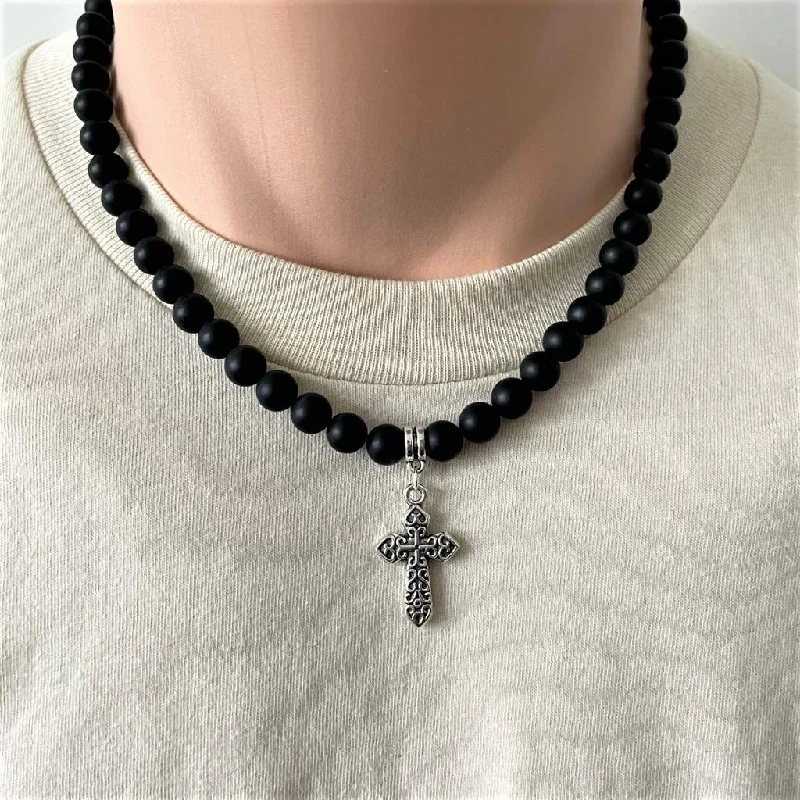 birthstone necklace for women -Matte Black Onyx Mens Beaded Necklace with Silver Cross