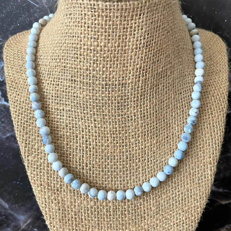 moonstone necklace for women -Matte Blue and White Agate Mens Beaded Necklace