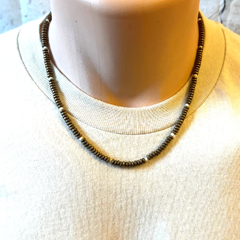 polished silver necklace for men -Matte Bronze Hematite and Beige Beaded Mens Necklace