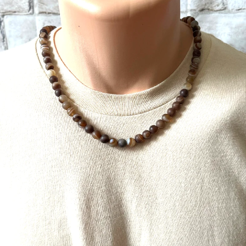 simple silver necklace for men -Matte Brown Agate Mens Beaded Necklace