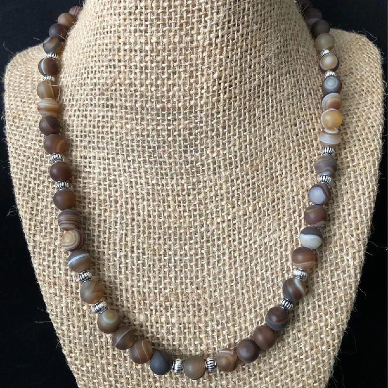 contemporary pendant necklace for women -Matte Brown Line Agate and Silver Bead Mens Necklace