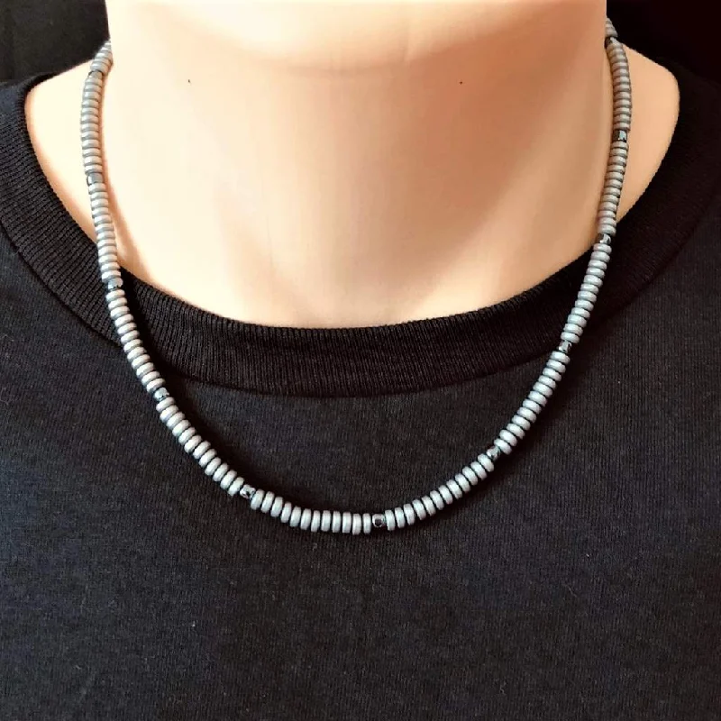 geometric necklace for women -Mens Antique Silver Hematite Rondelle Necklace