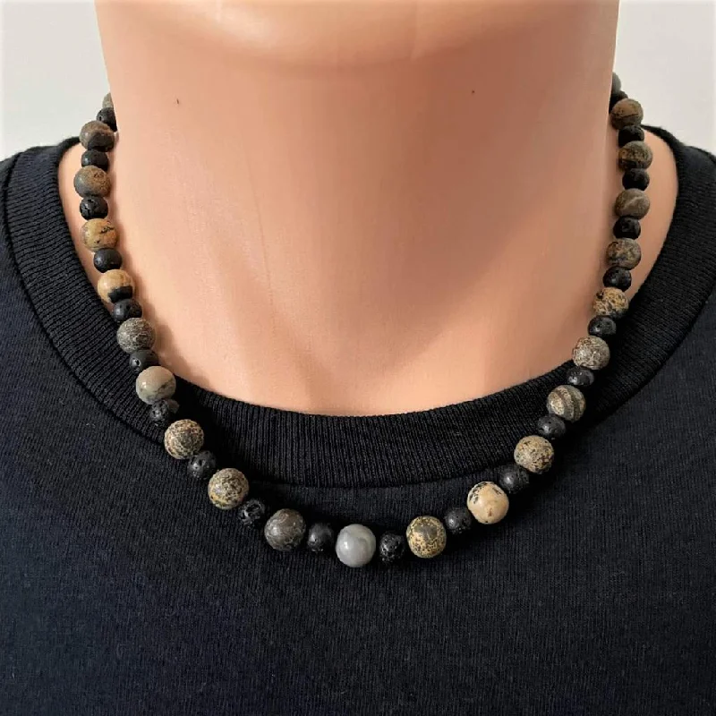 chunky silver necklace for men -Mens Artistic Matte Stone and Black Lava Beaded Necklace