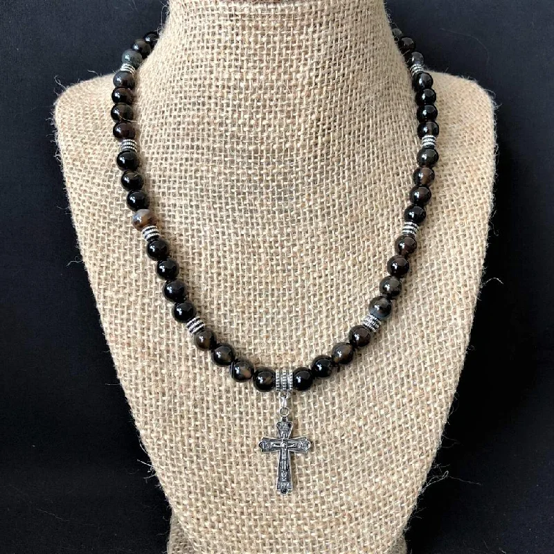 men’s leather necklace with pendant -Mens Black and Smoky Brown Agate Beaded Necklace With Silver Cross