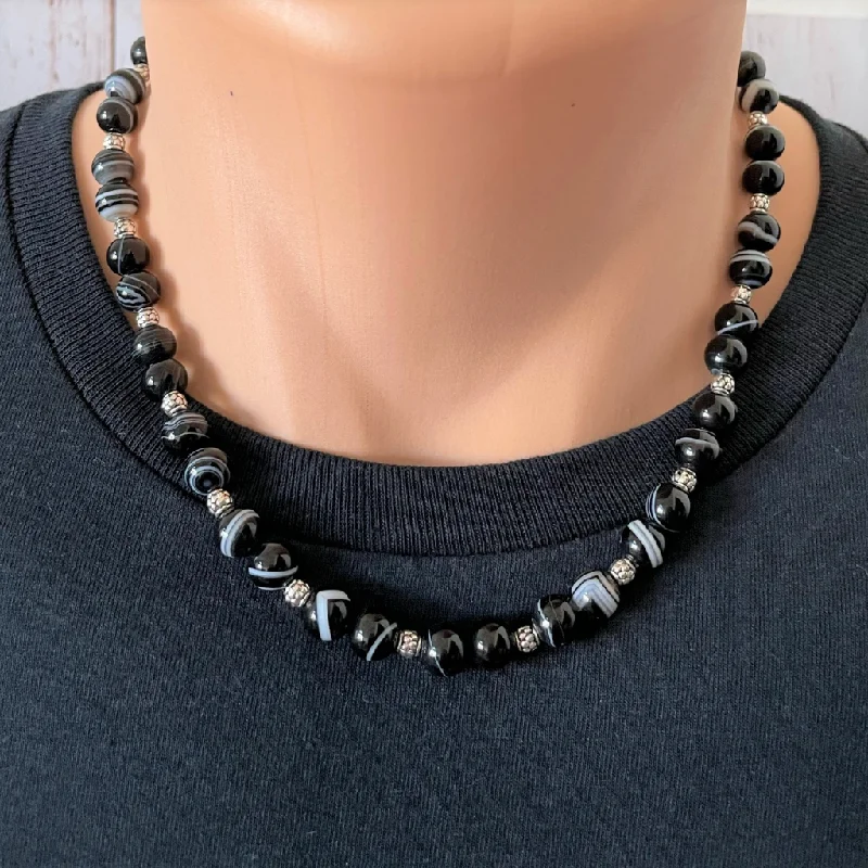 luxury necklace for special occasions -Mens Black and White Striped Agate Beaded Necklace