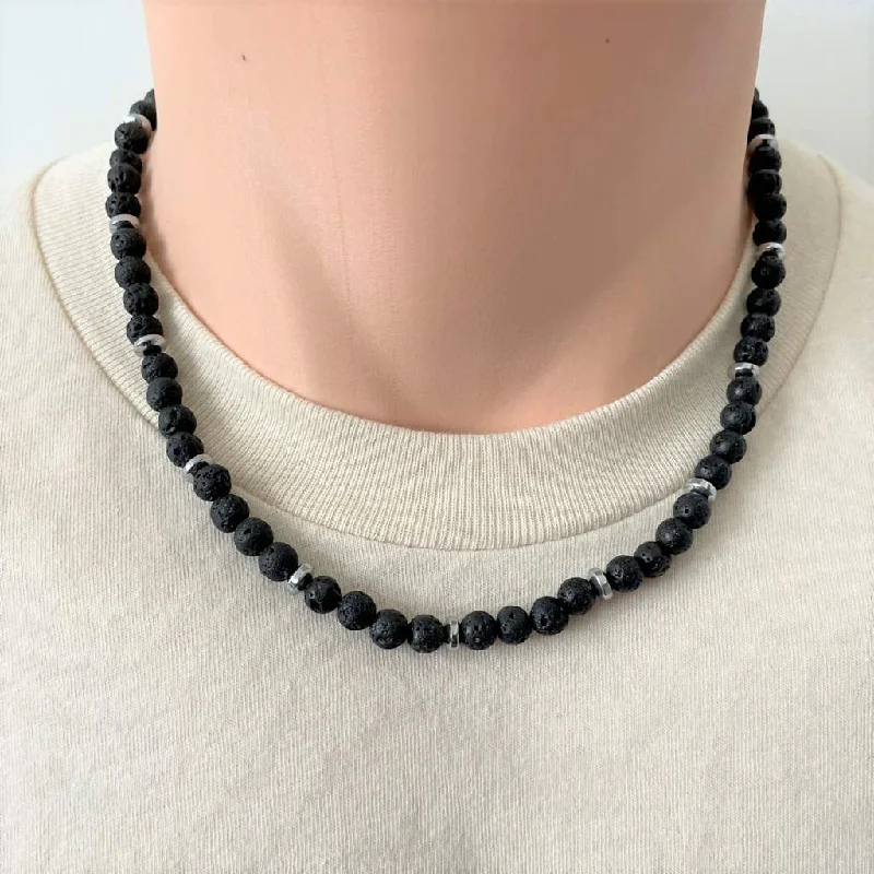 gold necklace for women -Mens Black Lava and Hematite Disc Beaded Necklace