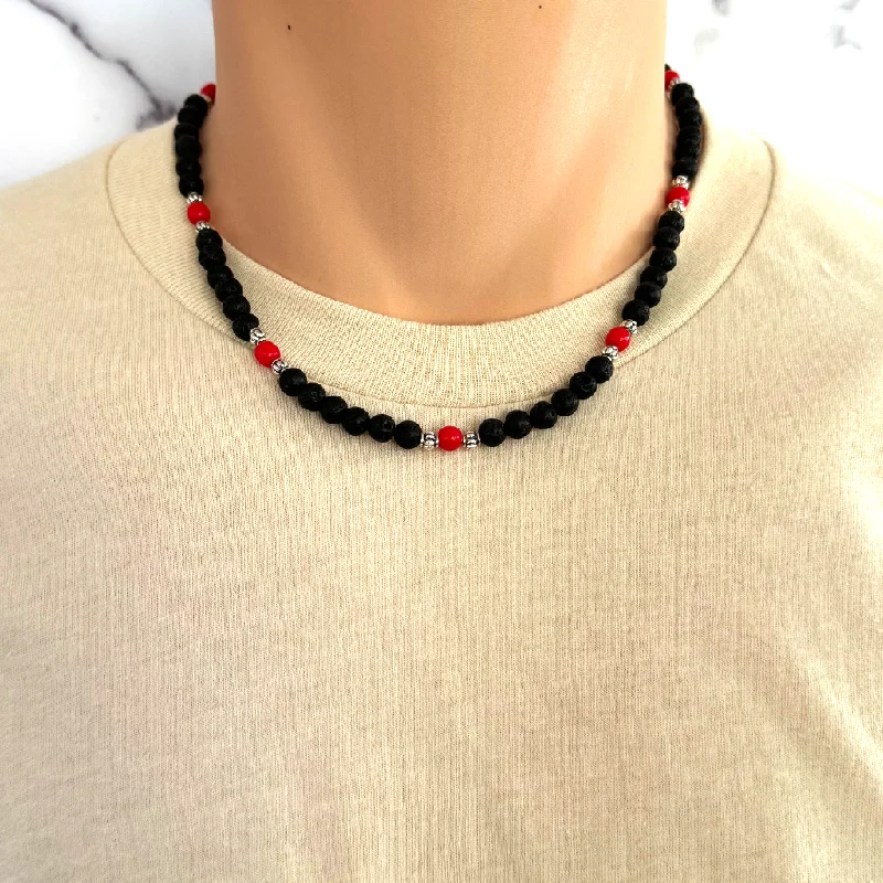 elegant pearl necklace for events -Mens Black Lava and Red Czech Beaded Necklace