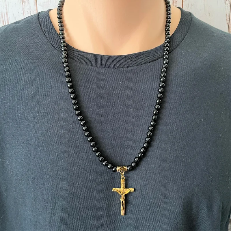 black pendant necklace for men -Mens Black Onyx 6mm and Gold Jesus Cross Beaded Necklace