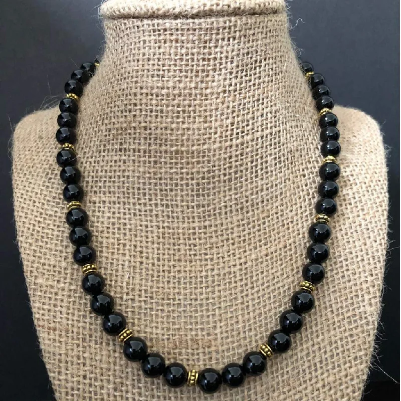 custom birthstone necklace for women -Men's Black Onyx and Gold Beaded Necklace