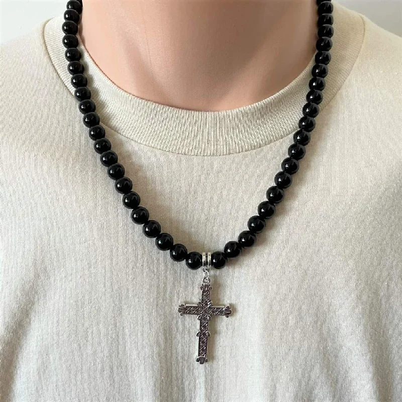 pearl necklace for brides -Mens Black Onyx and Large Silver Cross Beaded Necklace