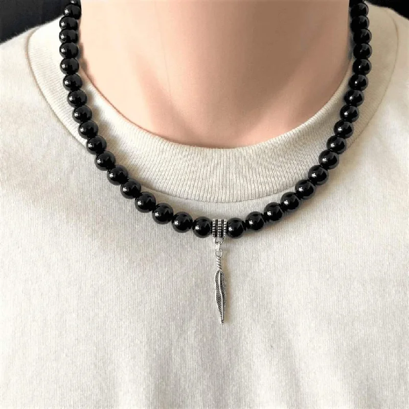 gemstone necklace for women -Mens Black Onyx and Silver Feather Beaded Necklace