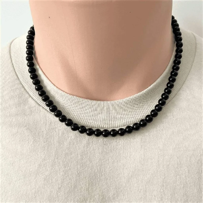 best necklace for layering -Mens Black Onyx Beaded Long and Short 6mm Necklaces