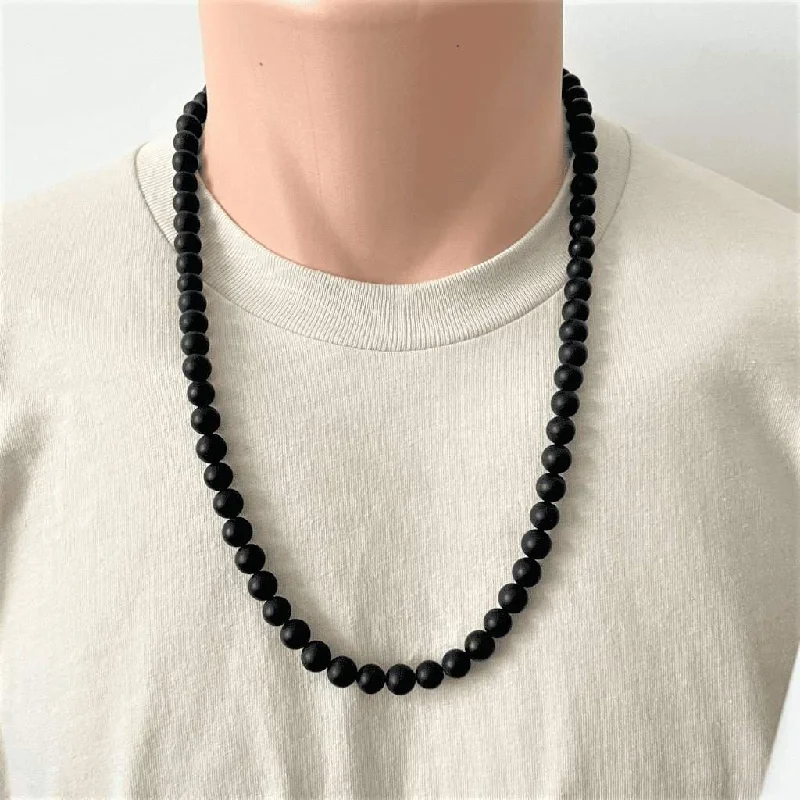 custom engraved necklace for women -Mens Black Onyx Matte Beaded Necklace Long and Short