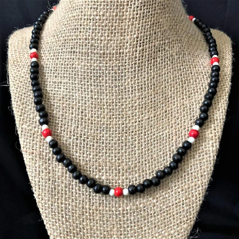 braided leather necklace for men -Mens Black Red and White Wood Beaded Necklace