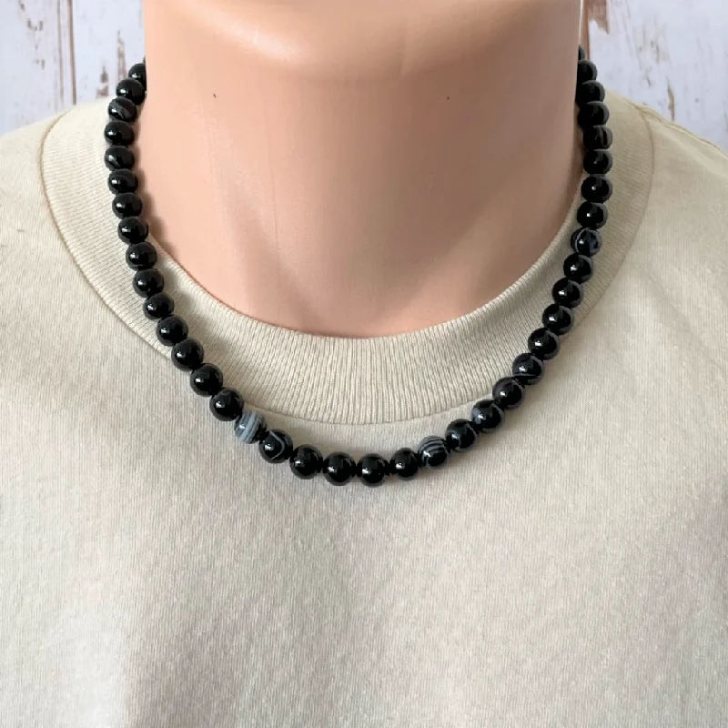 infinity necklace for couples -Mens Black Sardonyx Beaded Necklace