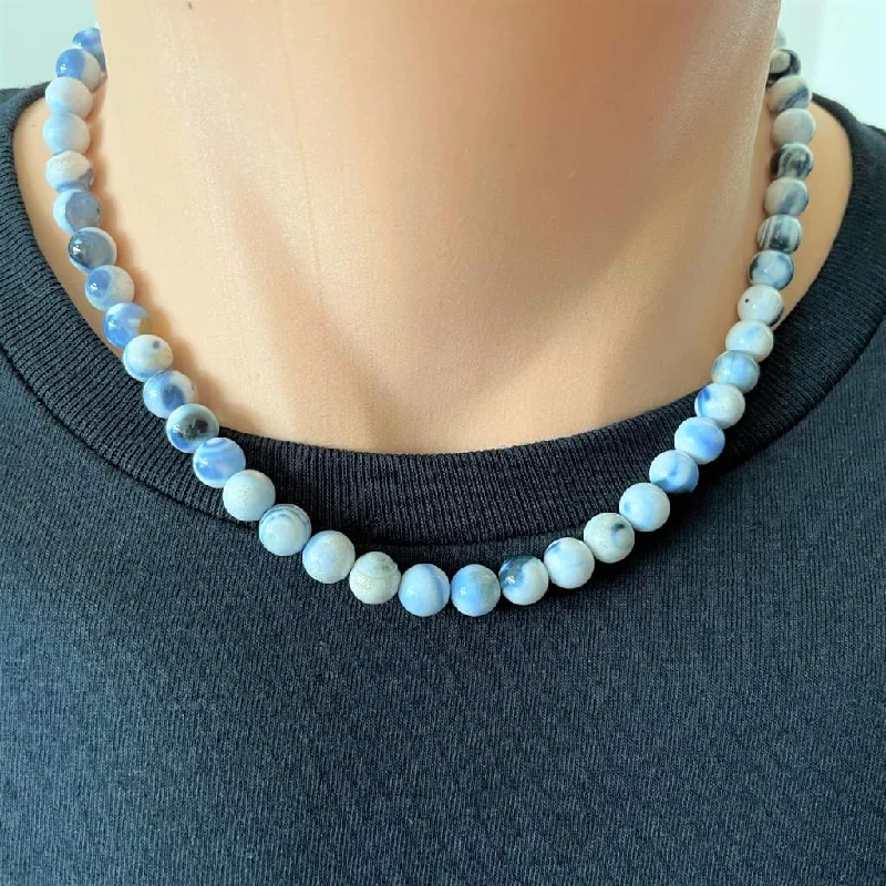 pearl and diamond necklace for women -Mens Blue and White Matte Agate Beaded Necklace