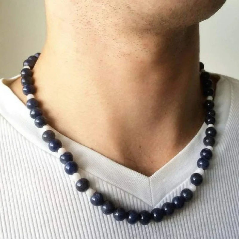 silver heart necklace for women -Men's Blue Aventurine Beaded Necklace