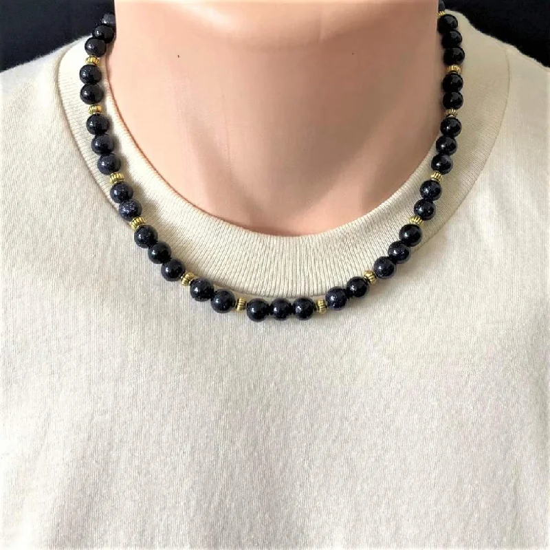 leather cord necklace for men -Mens Blue Sandstone Beaded Necklace