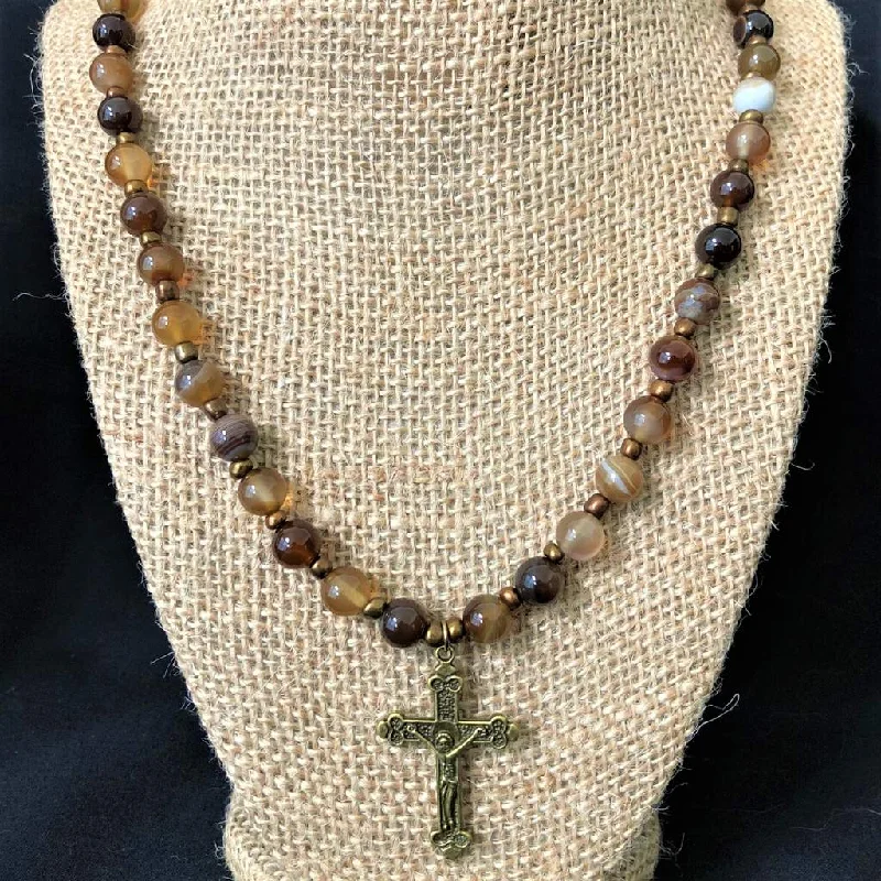 oval pendant necklace for women -Mens Brown Agate and Brass Cross Beaded Necklace